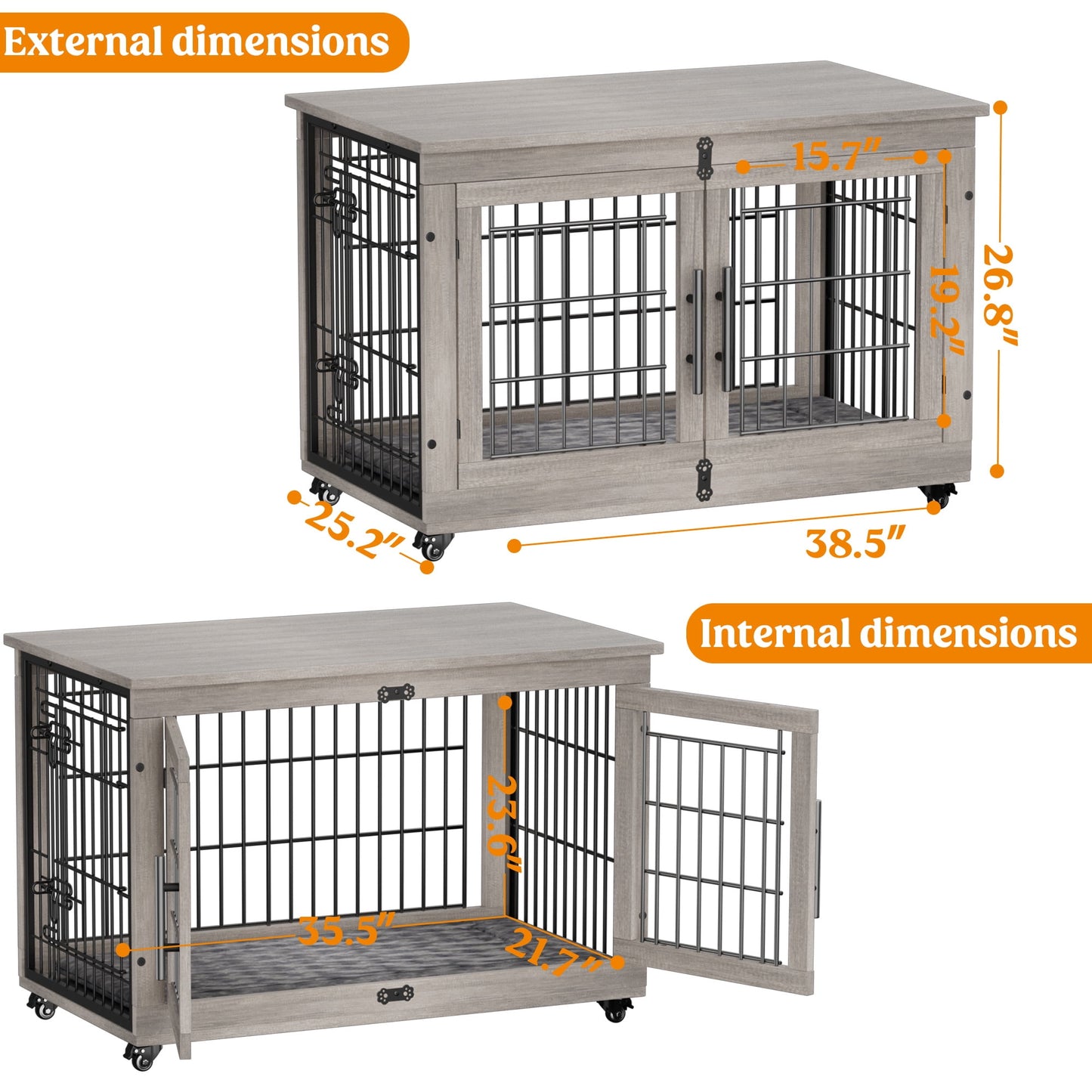 Laintene Dog Crate Furniture, Dog Kennels for Inside with Pads and Wheels, Heavy Duty Pet House for Medium to Large Dogs, Gray