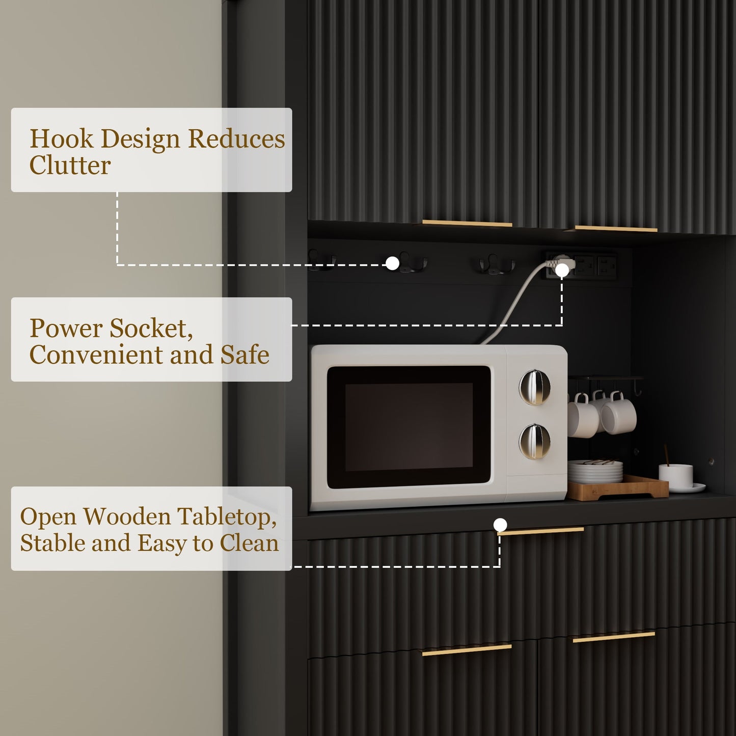 Laintene Pantry Storage Cabinet with Charging Station, Tall Kitchen Pantry with Microwave Shelves, Fluted Storage Cabinet with Open Countertop and Drawer for Dining Living Room, Black