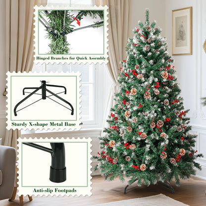 Laintene 6ft Pre-Lit & Pre-Decorated Christmas Tree | 250 Warm White LED Lights, 800 Realistic Tips, 108 Natural Decorations (Pine Cones & Berries), Hinged Design for Home/Office