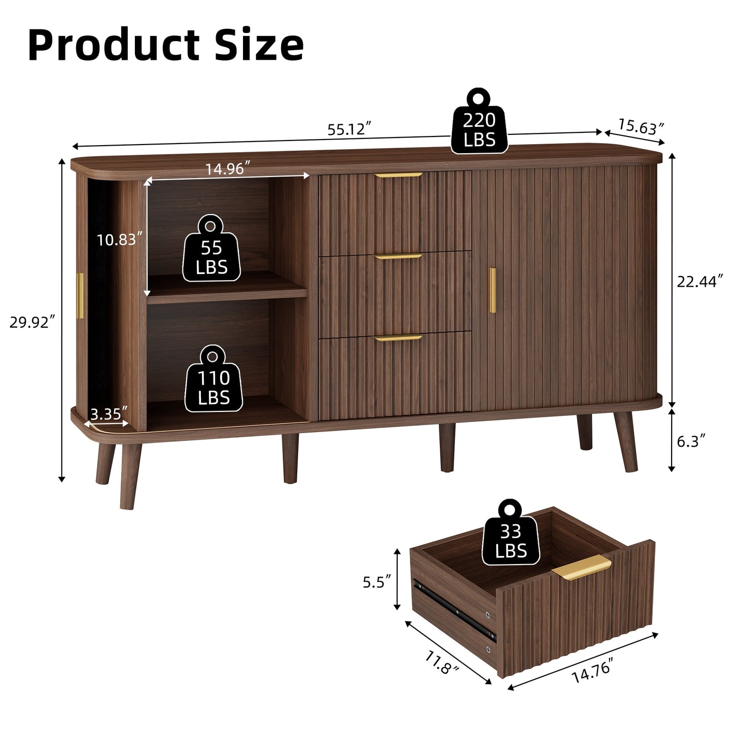 Laintene Sideboard with 3 Drawer, 55" Buffet Cabinet with 2 Sliding Tambour Doors, Modern Fluted Storage Cabinet for Kitchen, Living Room, Hallway, Walnut