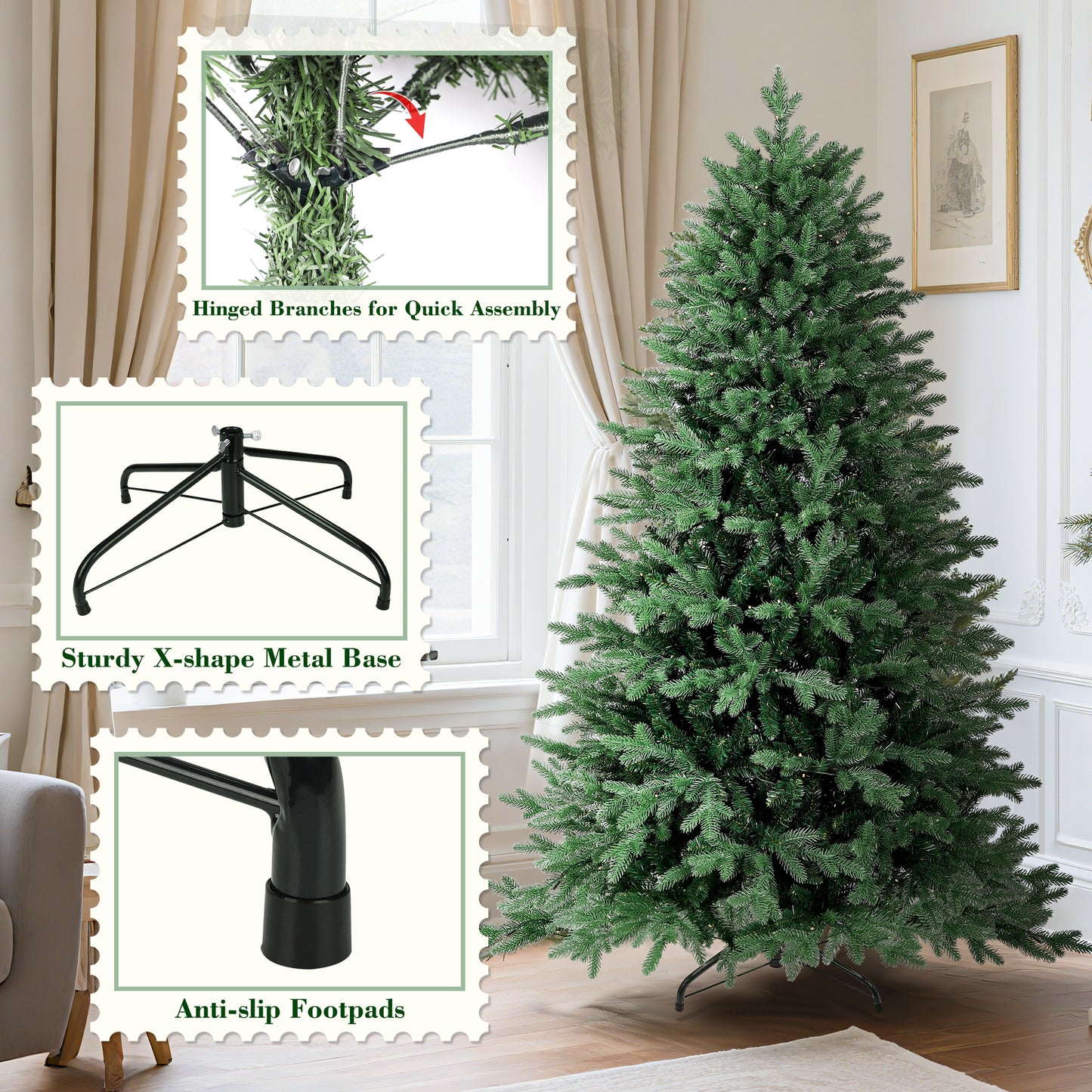 Laintene 6FT Pre-Lit Premium PE+PVC Christmas Tree | 400 Warm White LED Lights, 2085 Realistic Tips, Hinged Design with Storage Bag & Metal Stand