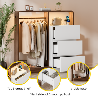 Laintene Dresser for Bedroom with Hanging Closet, 3 Wooden Drawers with Charging Station & LED, Storage Chest of Drawers, Wooden Closet Dressers for Bedroom, White with Brown