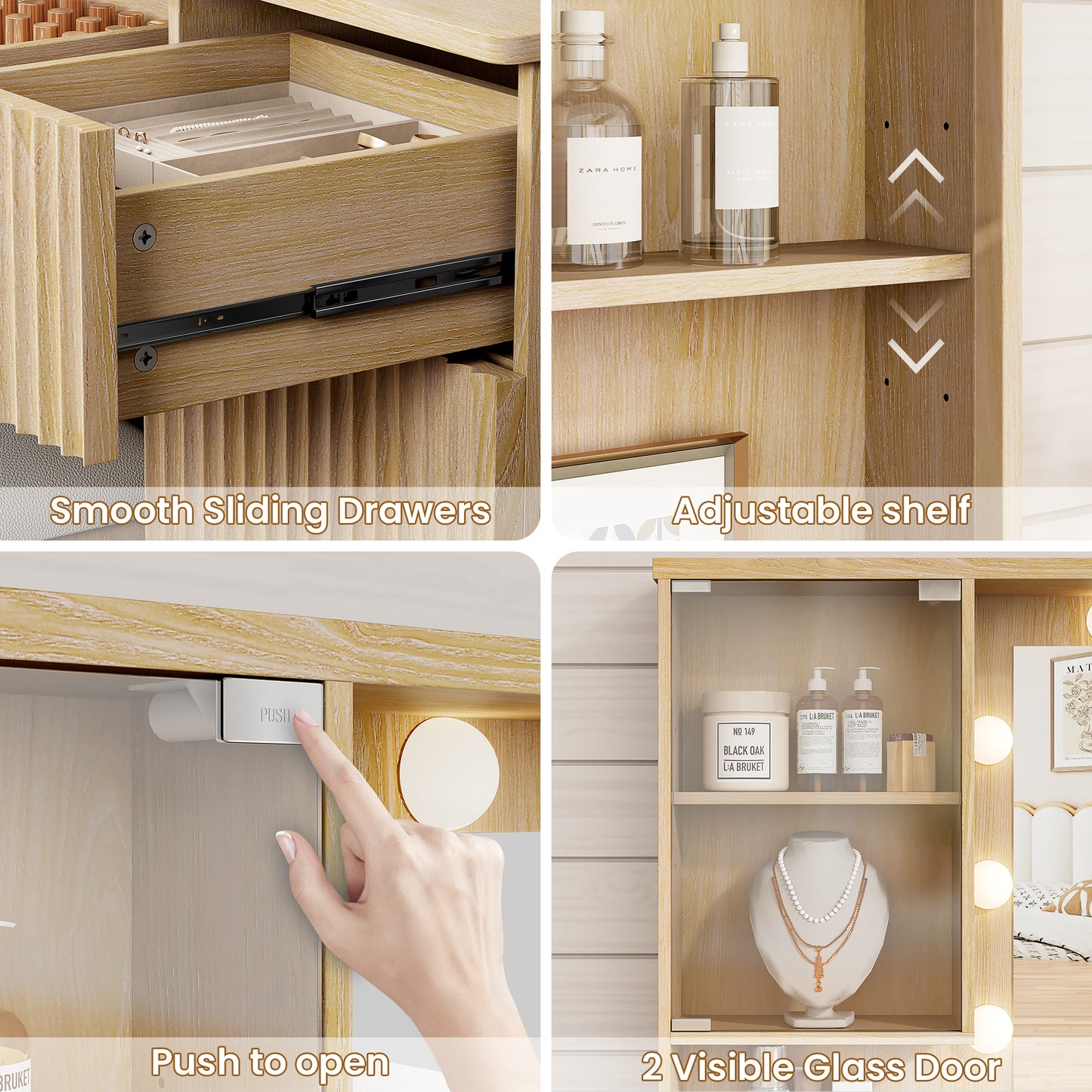 LainTene Makeup Vanity Table with Lights and Mirror, Vanity Desk with 3 Drawers & 2 Large Storage Cabinets and Charging Station for Bedroom