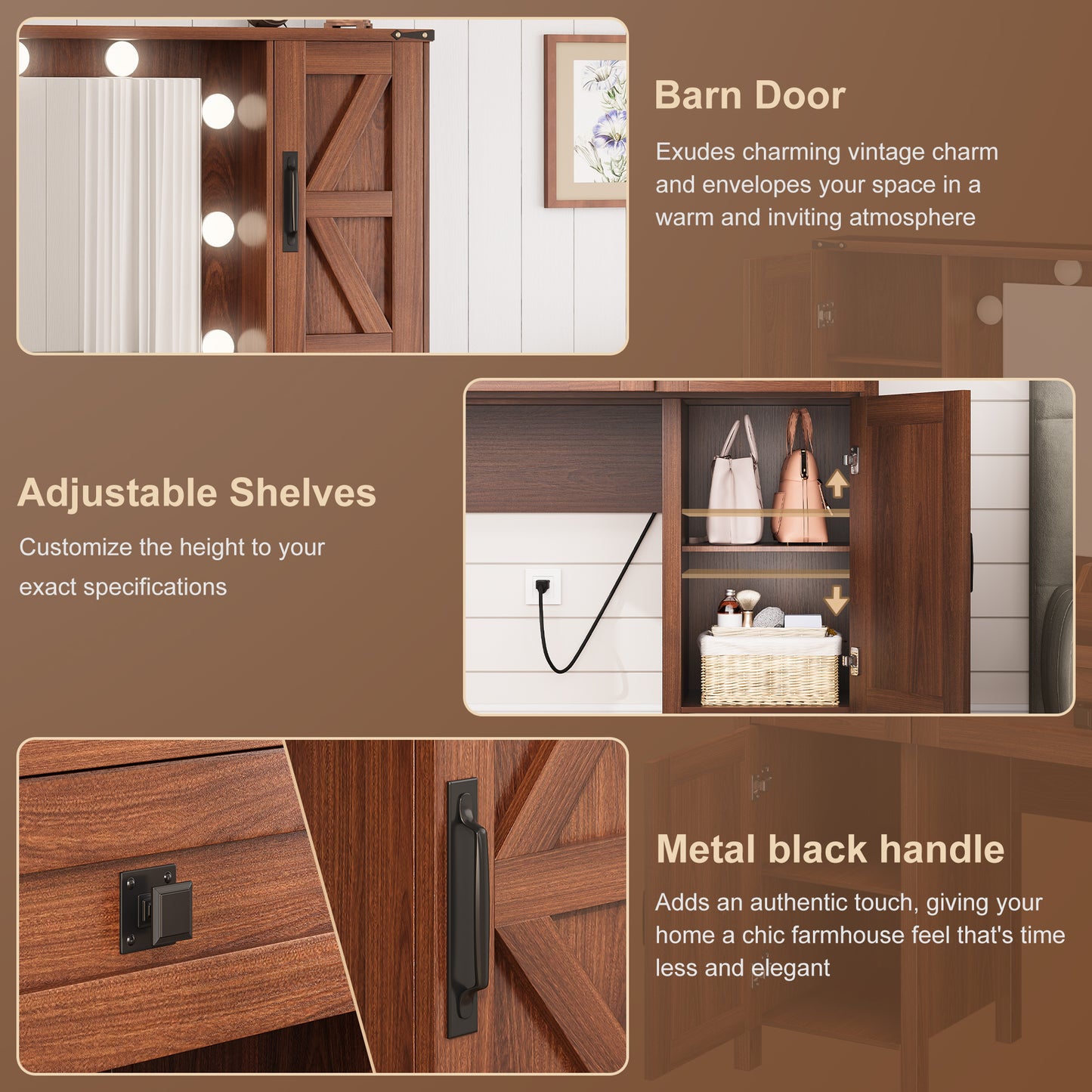 LainTene Farmhouse Makeup Vanity Desk with Mirror and Lights, Modern Glass Tabletop Vanity Table with Storage Shelves & Drawers for Bedroom, Brown