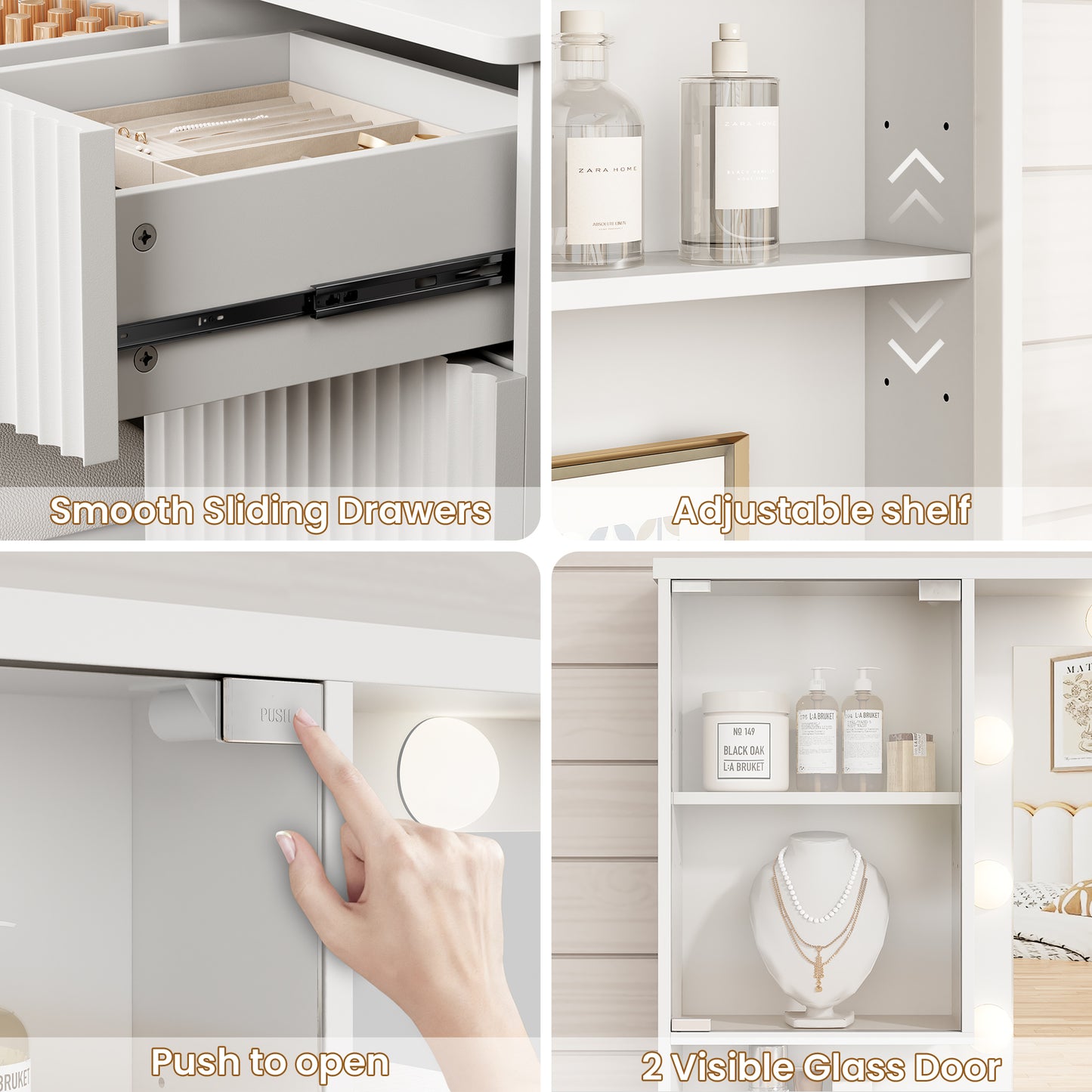 LainTene Makeup Vanity Table with Lights and Mirror, Vanity Desk with 3 Drawers & 2 Large Storage Cabinets and Charging Station for Bedroom