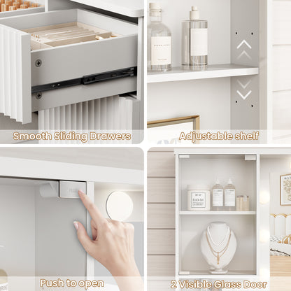 LainTene Makeup Vanity Table with Lights and Mirror, Vanity Desk with 3 Drawers & 2 Large Storage Cabinets and Charging Station for Bedroom
