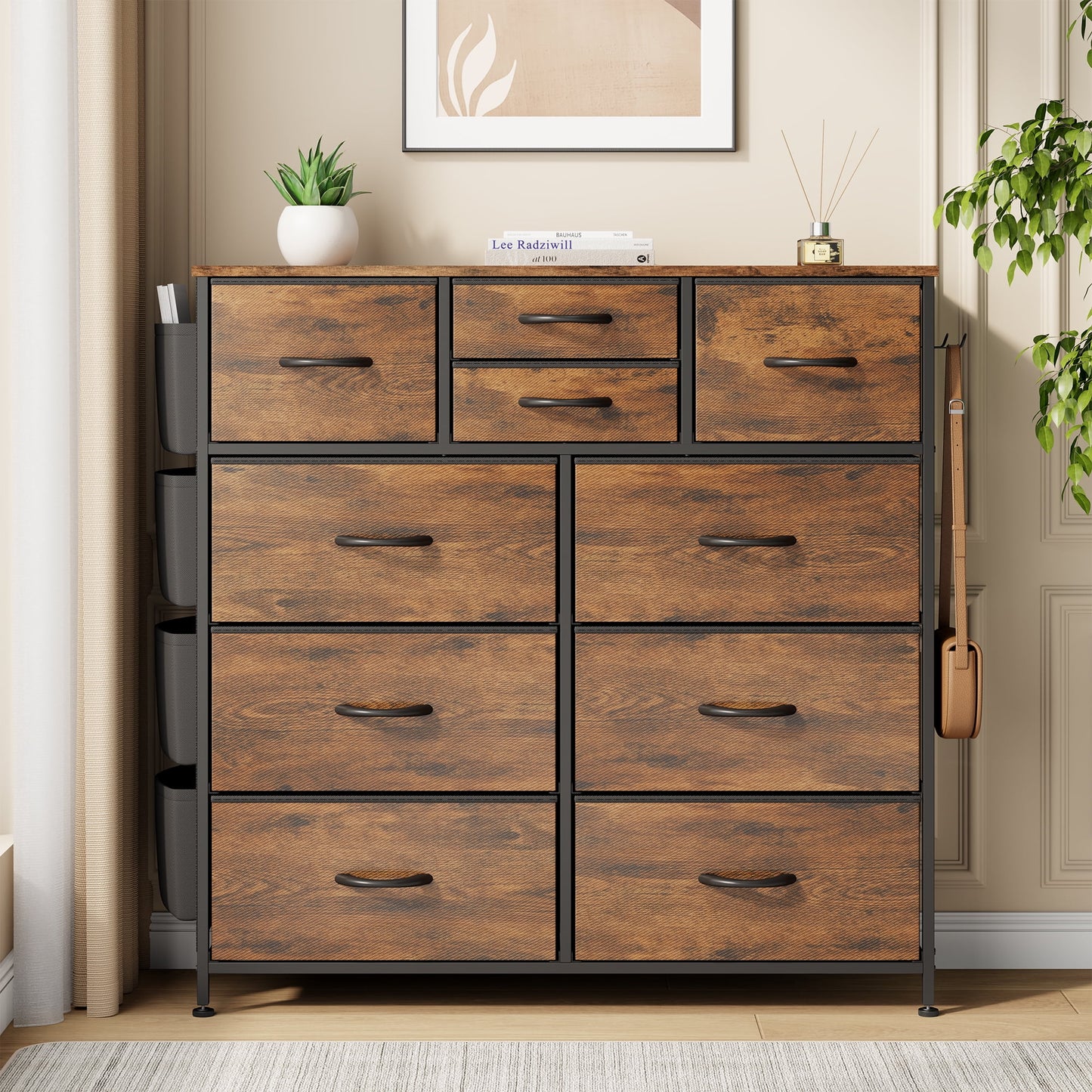 Dresser for Bedroom, Storage Organizer with 10 Drawers, Chest of Drawers with Fabric Bins, Sturdy Metal Frame, Wood Tabletop for Guest Room, Closet, Entryway,Brown