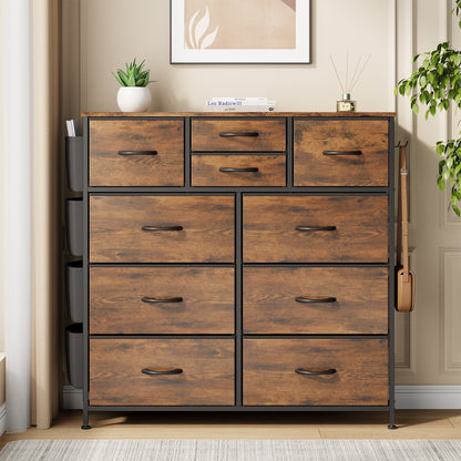 Dresser for Bedroom, Storage Organizer with 10 Drawers, Chest of Drawers with Fabric Bins, Sturdy Metal Frame, Wood Tabletop for Guest Room, Closet, Entryway,Brown