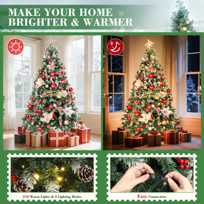 Laintene 6ft Pre-Lit & Pre-Decorated Christmas Tree | 250 Warm White LED Lights, 800 Realistic Tips, 108 Natural Decorations (Pine Cones & Berries), Hinged Design for Home/Office