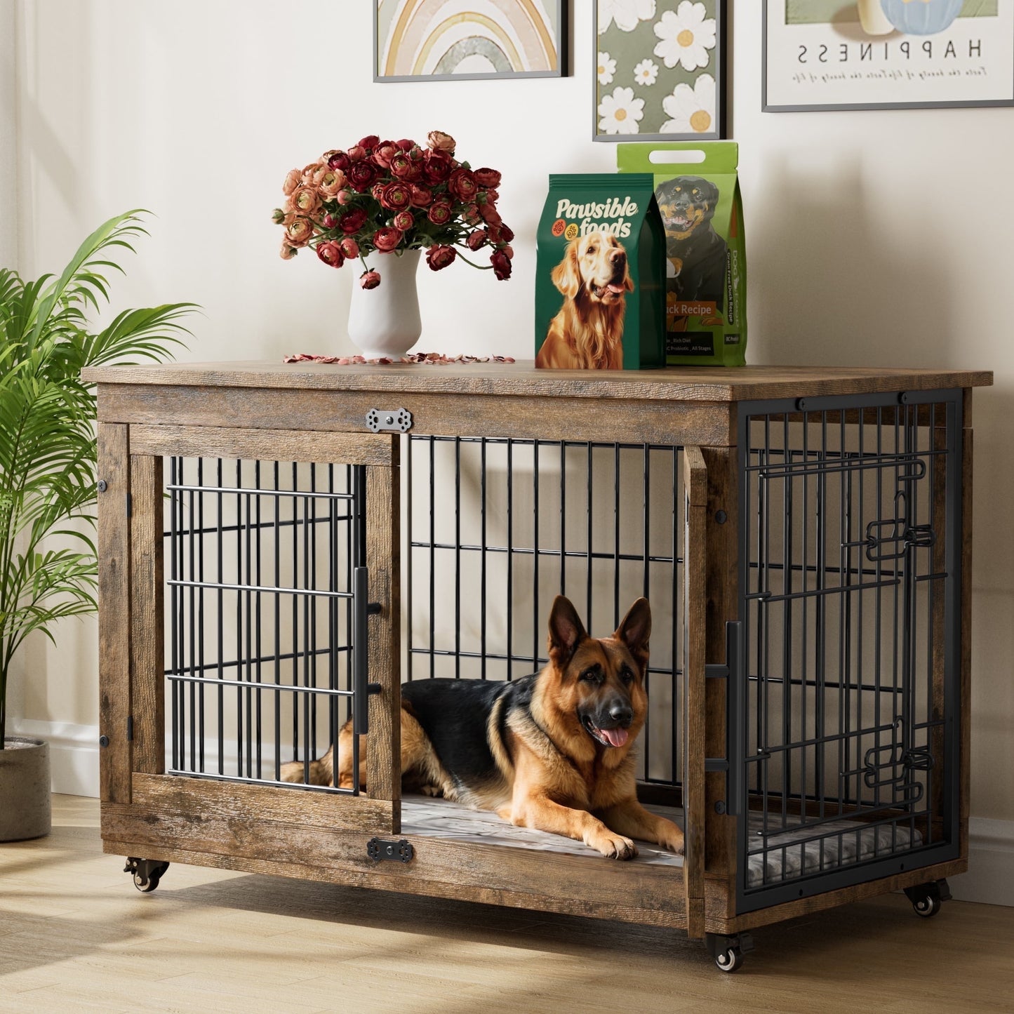 Laintene Dog Crate Furniture, Dog Kennels for Inside with Pads and Wheels, Heavy Duty Pet House for Medium to Large Dogs, Browm