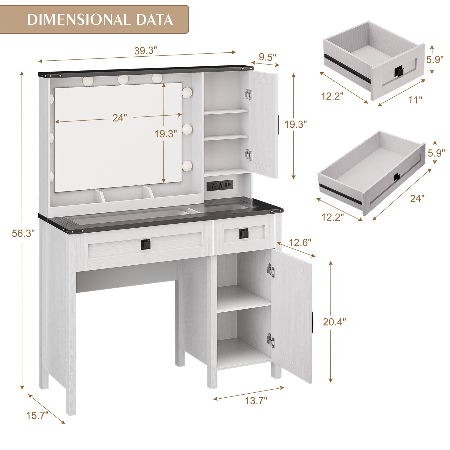 LainTene Farmhouse Vanity Desk with LED Mirror & Charging Station – Makeup Vanity Set with Glass Top, 2 Drawers & Storage Shelves, Rustic White Dressing Table