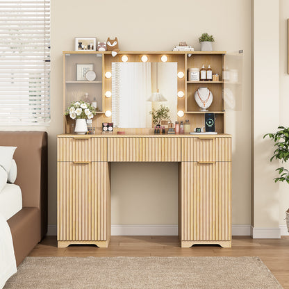 LainTene Makeup Vanity Table with Lights and Mirror, Vanity Desk with 3 Drawers & 2 Large Storage Cabinets and Charging Station for Bedroom