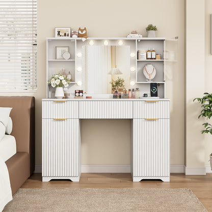 LainTene Makeup Vanity Table with Lights and Mirror, Vanity Desk with 3 Drawers & 2 Large Storage Cabinets and Charging Station for Bedroom