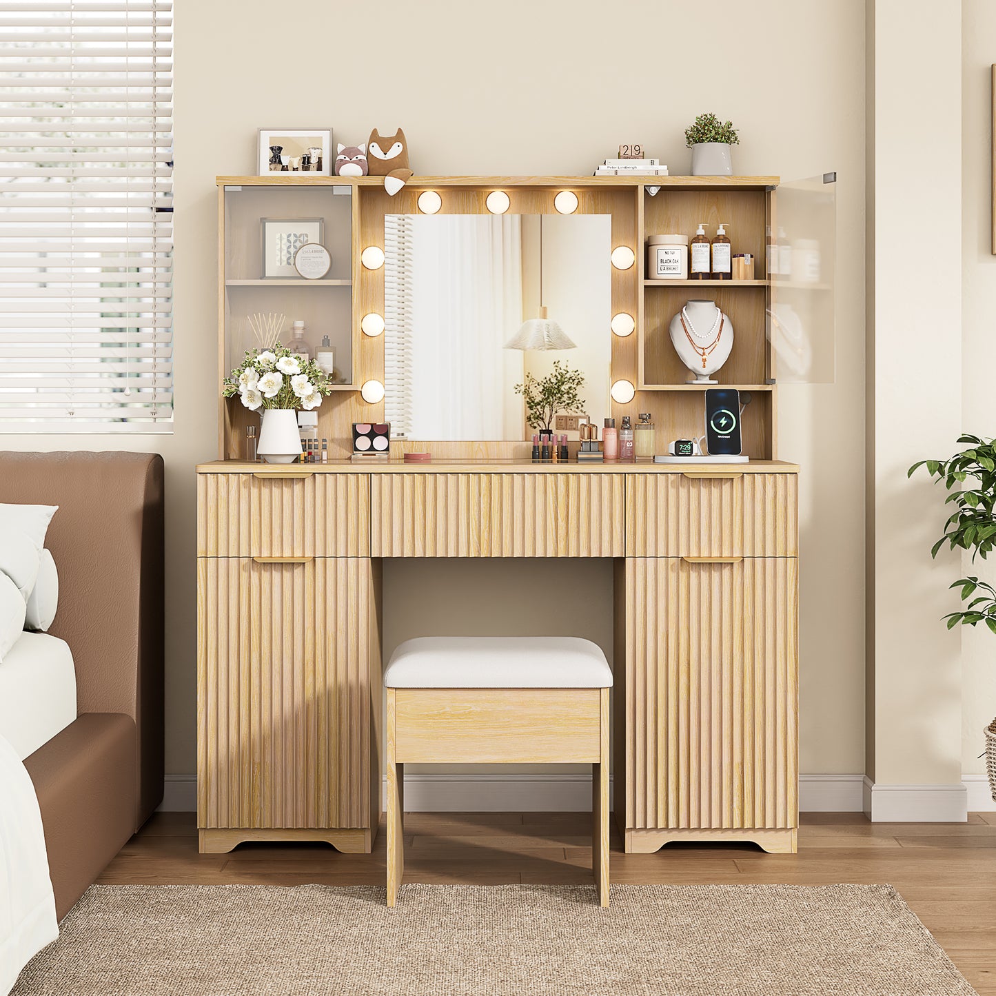 LainTene Vanity Set with Stool, Makeup Vanity Table with Lights and Mirror, Vanity Desk with 3 Drawers & 2 Large Storage Cabinets and Charging Station for Bedroom