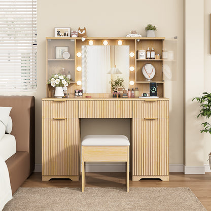 LainTene Vanity Set with Stool, Makeup Vanity Table with Lights and Mirror, Vanity Desk with 3 Drawers & 2 Large Storage Cabinets and Charging Station for Bedroom