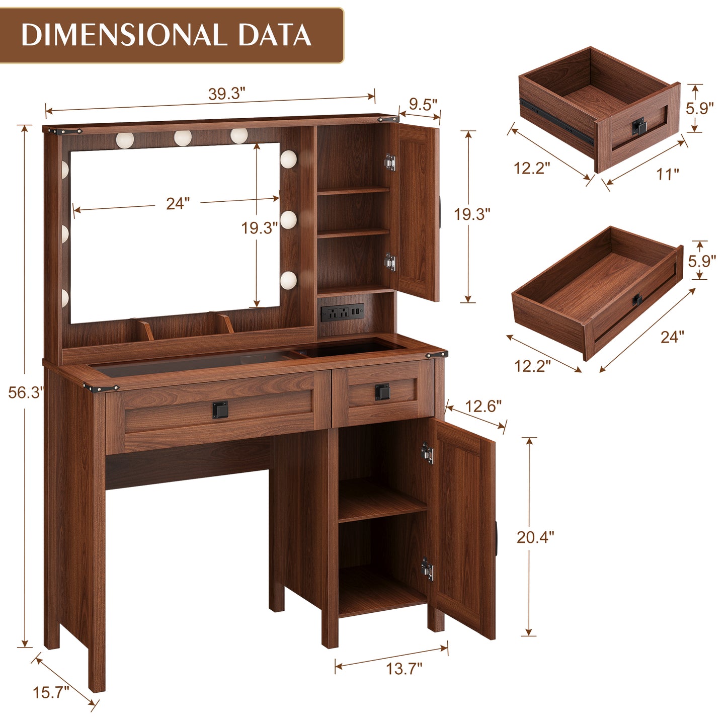 LainTene Farmhouse Makeup Vanity Desk with Mirror and Lights, Modern Glass Tabletop Vanity Table with Storage Shelves & Drawers for Bedroom, Brown