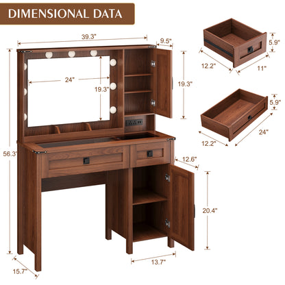 LainTene Farmhouse Makeup Vanity Desk with Mirror and Lights, Modern Glass Tabletop Vanity Table with Storage Shelves & Drawers for Bedroom, Brown