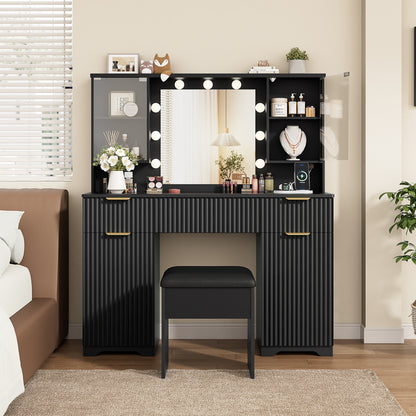 LainTene Vanity Set with Stool, Makeup Vanity Table with Lights and Mirror, Vanity Desk with 3 Drawers & 2 Large Storage Cabinets and Charging Station for Bedroom