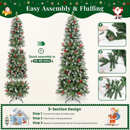 Laintene 6FT Pre-Lit Slim Pencil Christmas Tree | 200 Warm White LED Lights, 600 Tips, 40 Pine Cones & 280 Red Berries, Hinged Design for Small Spaces