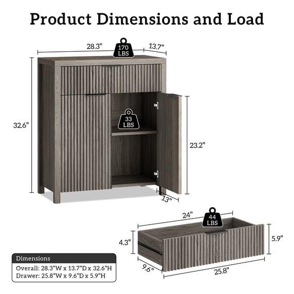Laintene Sideboard Buffet Cabinet with Drawer, 28" Storage Cabinet with Fluted Panel Doors and Adjustable Shelf for Living Room, Entryway, Gray Oak