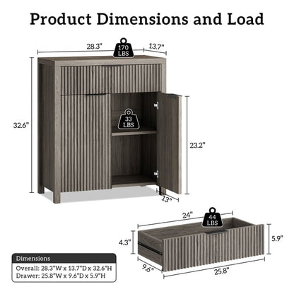Laintene Sideboard Storage Cabinet, Fluted Buffet Cabinet with Adjustable Shelf and Drawer for Dining Living Room, Entryway, Gray Oak Set of 2