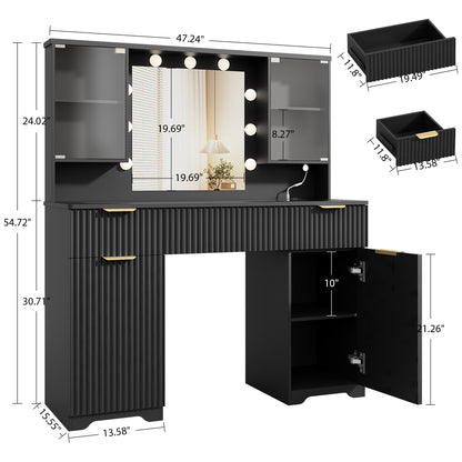 LainTene Makeup Vanity Table with Lights and Mirror, Vanity Desk with 3 Drawers & 2 Large Storage Cabinets and Charging Station for Bedroom