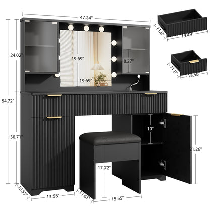 LainTene Vanity Set with Stool, Makeup Vanity Table with Lights and Mirror, Vanity Desk with 3 Drawers & 2 Large Storage Cabinets and Charging Station for Bedroom