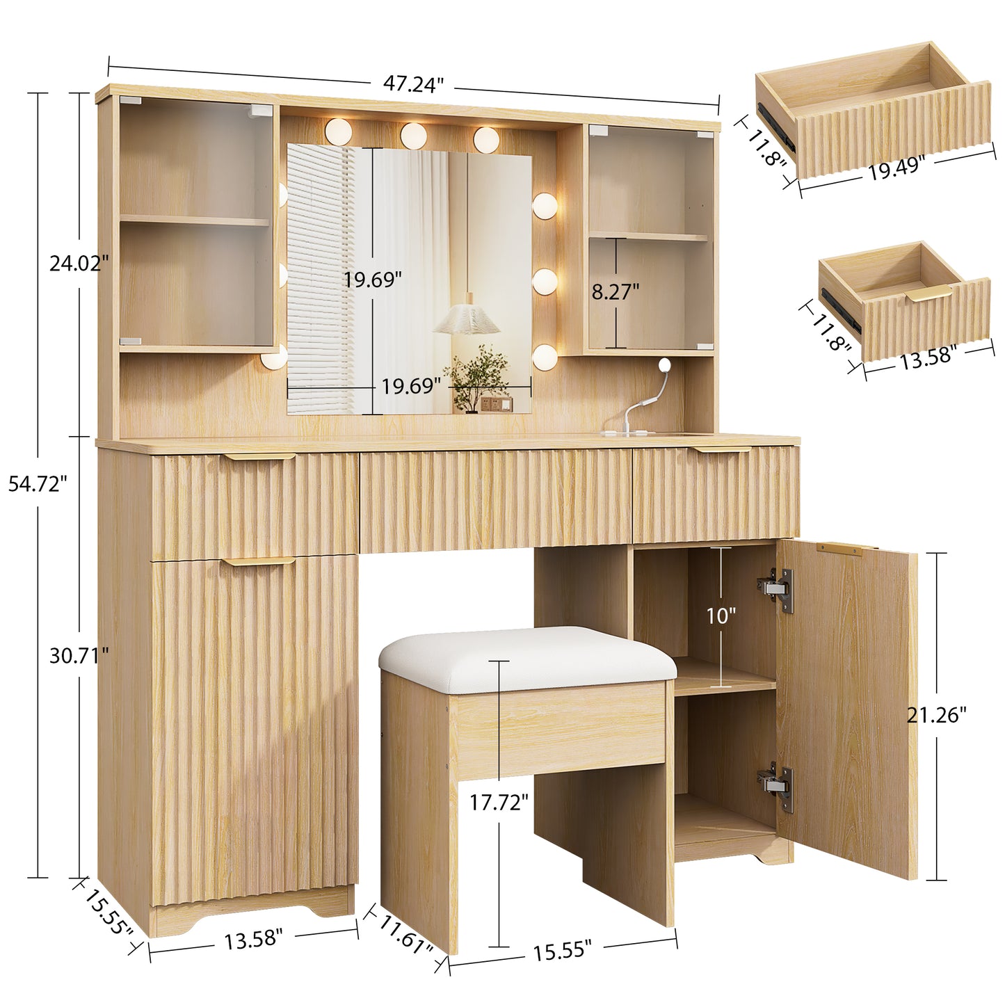 LainTene Vanity Set with Stool, Makeup Vanity Table with Lights and Mirror, Vanity Desk with 3 Drawers & 2 Large Storage Cabinets and Charging Station for Bedroom