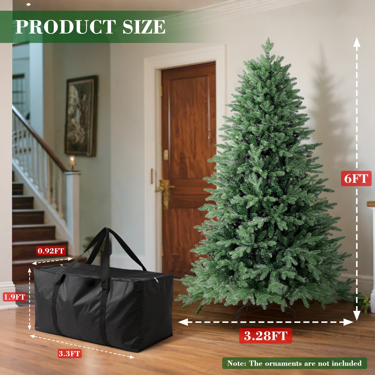 Laintene 6FT Pre-Lit Premium PE+PVC Christmas Tree | 400 Warm White LED Lights, 2085 Realistic Tips, Hinged Design with Storage Bag & Metal Stand