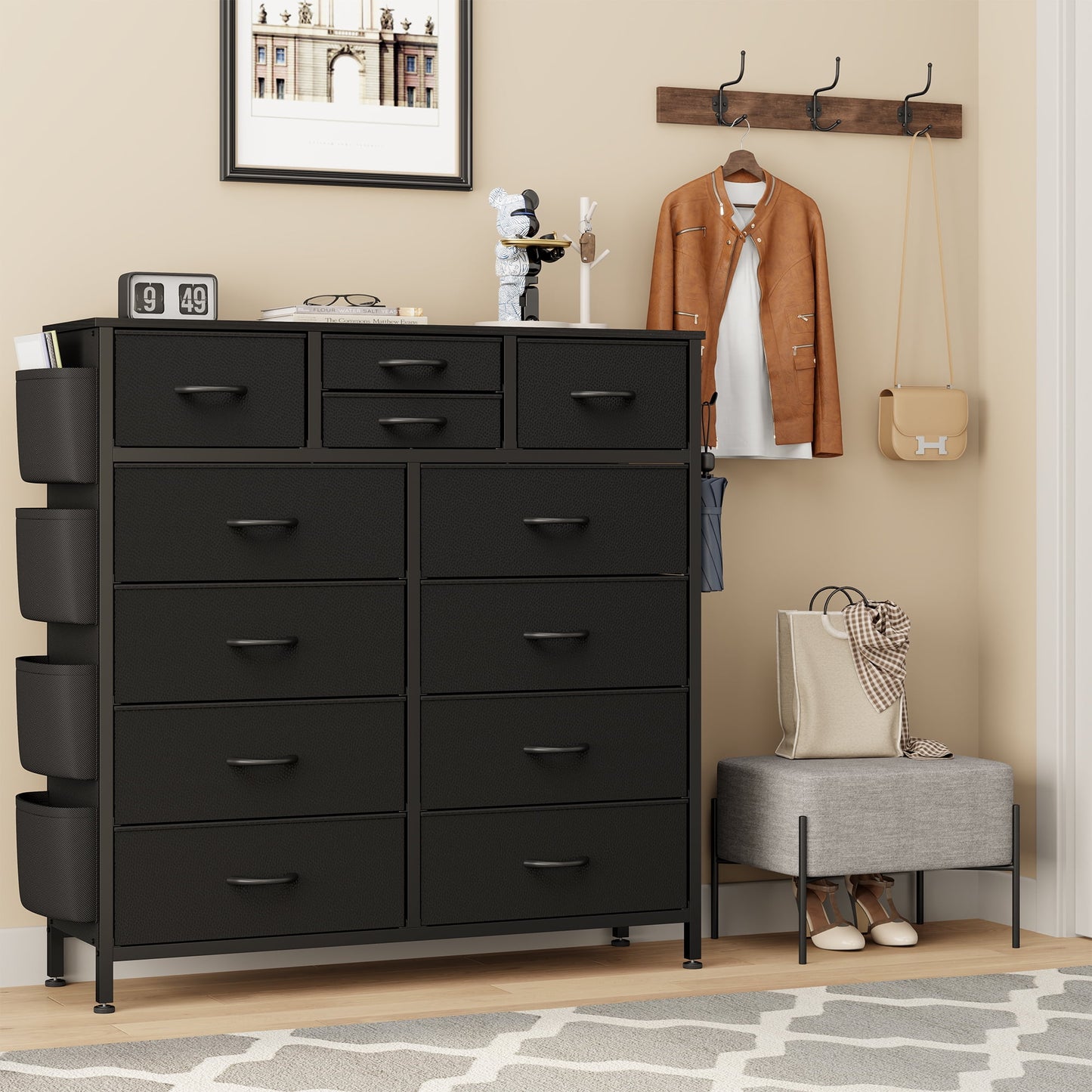 Dresser with 12 Fabric Drawer Stand Desktop Storage Cabinet for Bedroom Organization, Dorm, Front Hall Entryway, Black PU