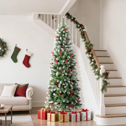 Laintene 6FT Pre-Lit Slim Pencil Christmas Tree | 200 Warm White LED Lights, 600 Tips, 40 Pine Cones & 280 Red Berries, Hinged Design for Small Spaces