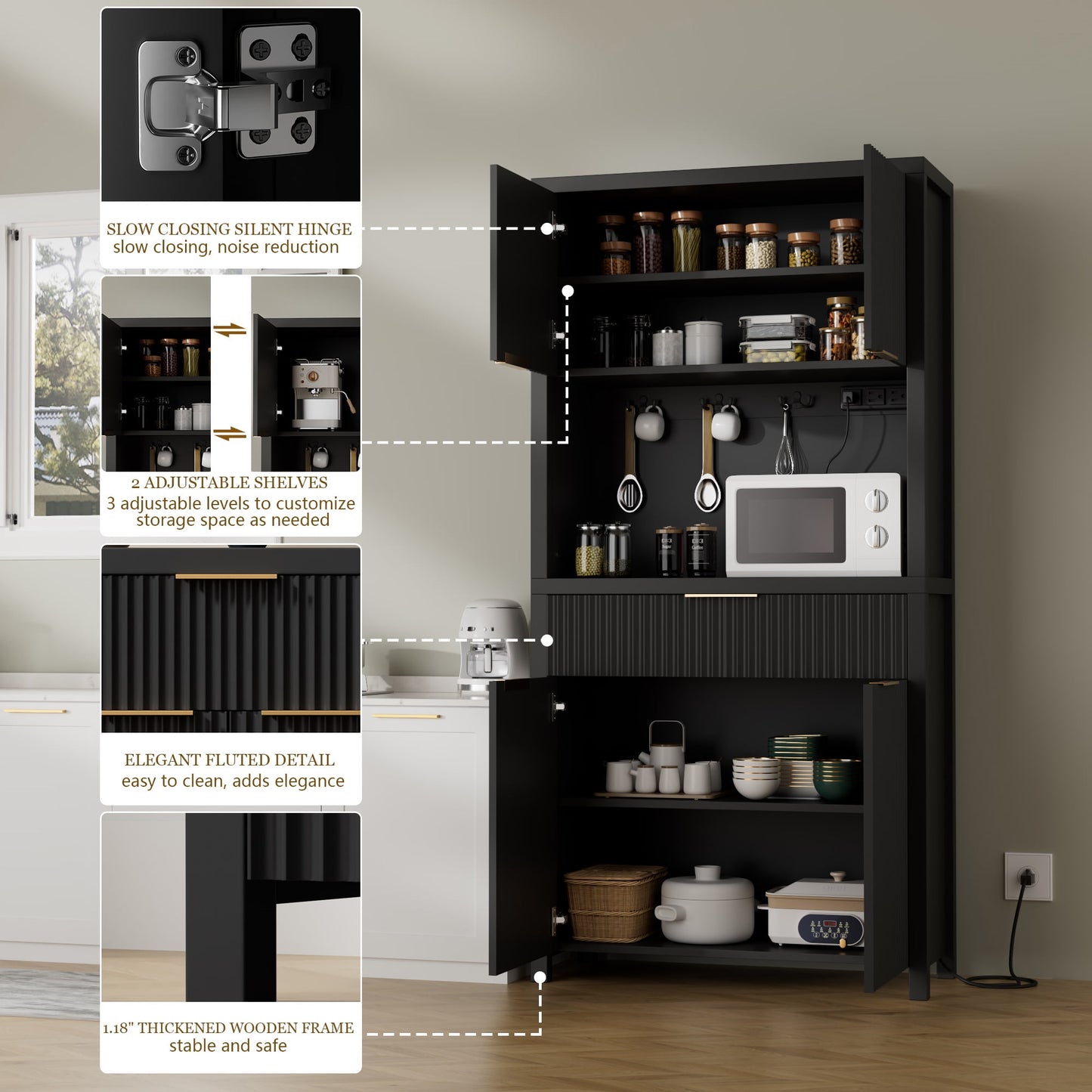 Laintene Pantry Storage Cabinet with Charging Station, Tall Kitchen Pantry with Microwave Shelves, Fluted Storage Cabinet with Open Countertop and Drawer for Dining Living Room, Black