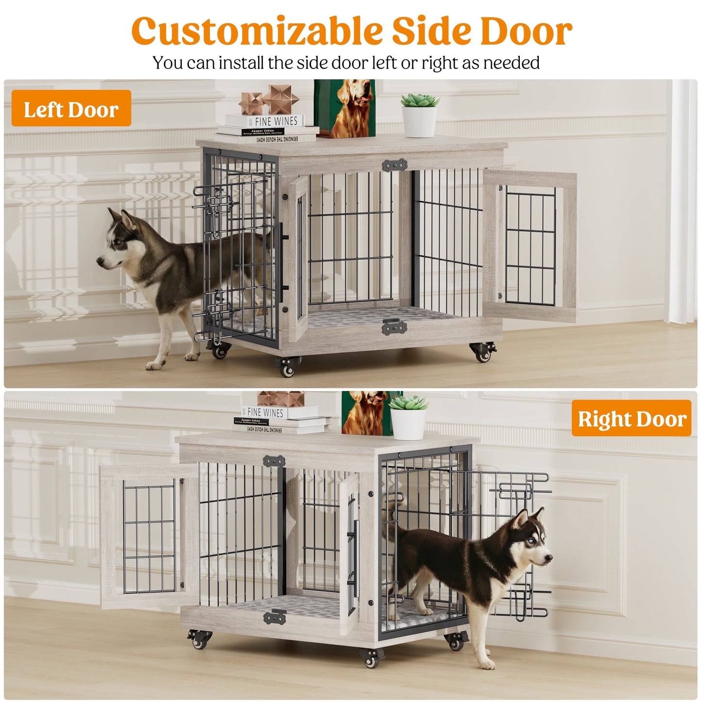 LainTene Wooden Dog Crate Furniture, Double Doors Dog Kennels for Inside with Pads and Wheels, Heavy Duty Dog Cage for Small Dogs, Gray