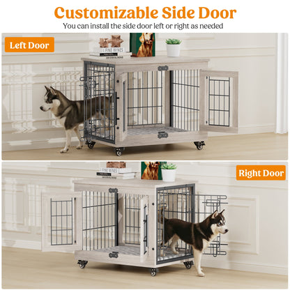 LainTene Wooden Dog Crate Furniture, Double Doors Dog Kennels for Inside with Pads and Wheels, Heavy Duty Dog Cage for Small Dogs, Gray