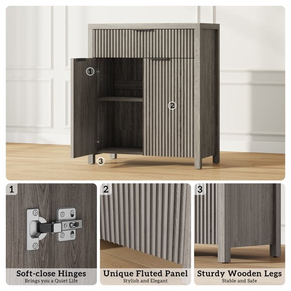 Laintene Sideboard Buffet Cabinet with Drawer, 28" Storage Cabinet with Fluted Panel Doors and Adjustable Shelf for Living Room, Entryway, Gray Oak