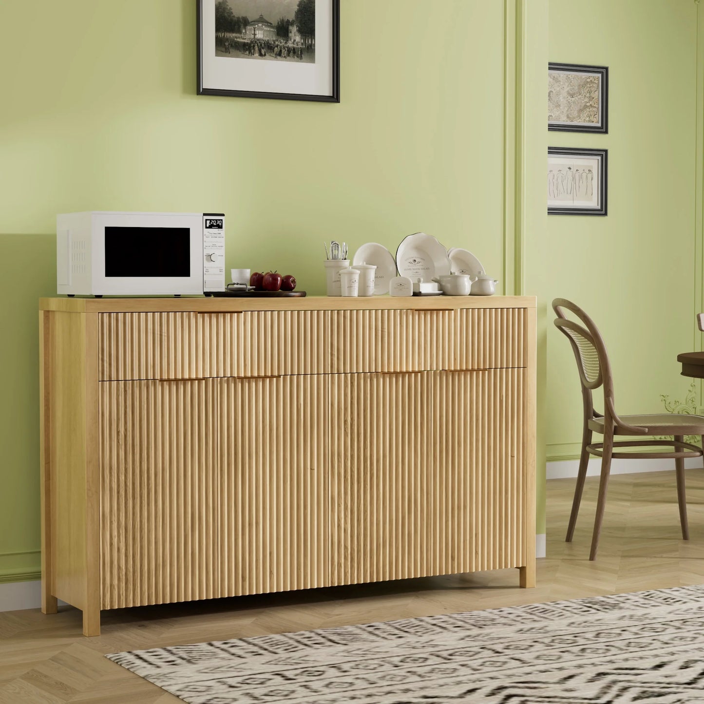 Laintene 55"L Sideboard Buffet Cabinet with Storage, Fluted Accent Storage Cabinet with Doors & Adjustable Shelves for Living Room Dining Room and Kitchen, Natural Oak