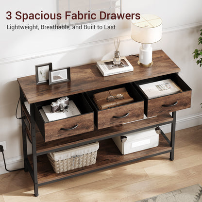 Valu4me 43.3" Console Table with Power Outlets & USB Ports, Narrow Sofa Table with 3 Fabric Drawers for Hallway, Foyer, Living Room, Rustic Brown