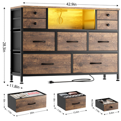 Laintene Bedroom Dresser with LED Lights, 9-Drawer Fabric Chest of Drawers, Dresser TV Stand with Power Outlet and Side Pocket, Wide Storage Unit for up to 50" TV, Brown