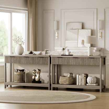 Laintene Fluted Console Table, 51" Narrow Entryway Table with 3 Drawers, Console Table Sofa Table with Storage Open Shelf, Modern Display Shelf for Hallway Living Room, Gray Oak