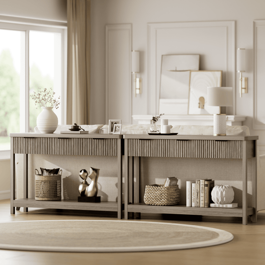 Laintene Console Table for Entryway, 51" Fluted Sofa Table with 3 Drawers and Open Shelf, Modern Narrow Display Shelf for Hallway Living Room, Gray Oak Set of 2