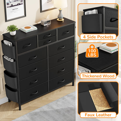 Dresser with 12 Fabric Drawer Stand Desktop Storage Cabinet for Bedroom Organization, Dorm, Front Hall Entryway, Black PU