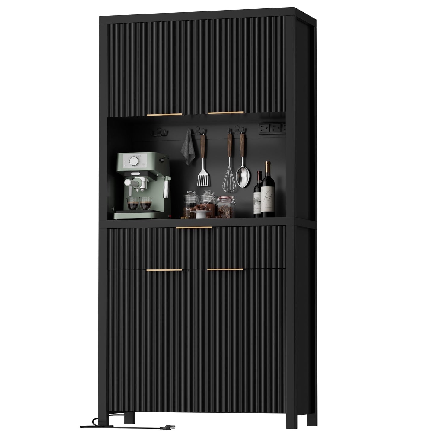 Laintene Pantry Storage Cabinet with Charging Station, Tall Kitchen Pantry with Microwave Shelves, Fluted Storage Cabinet with Open Countertop and Drawer for Dining Living Room, Black