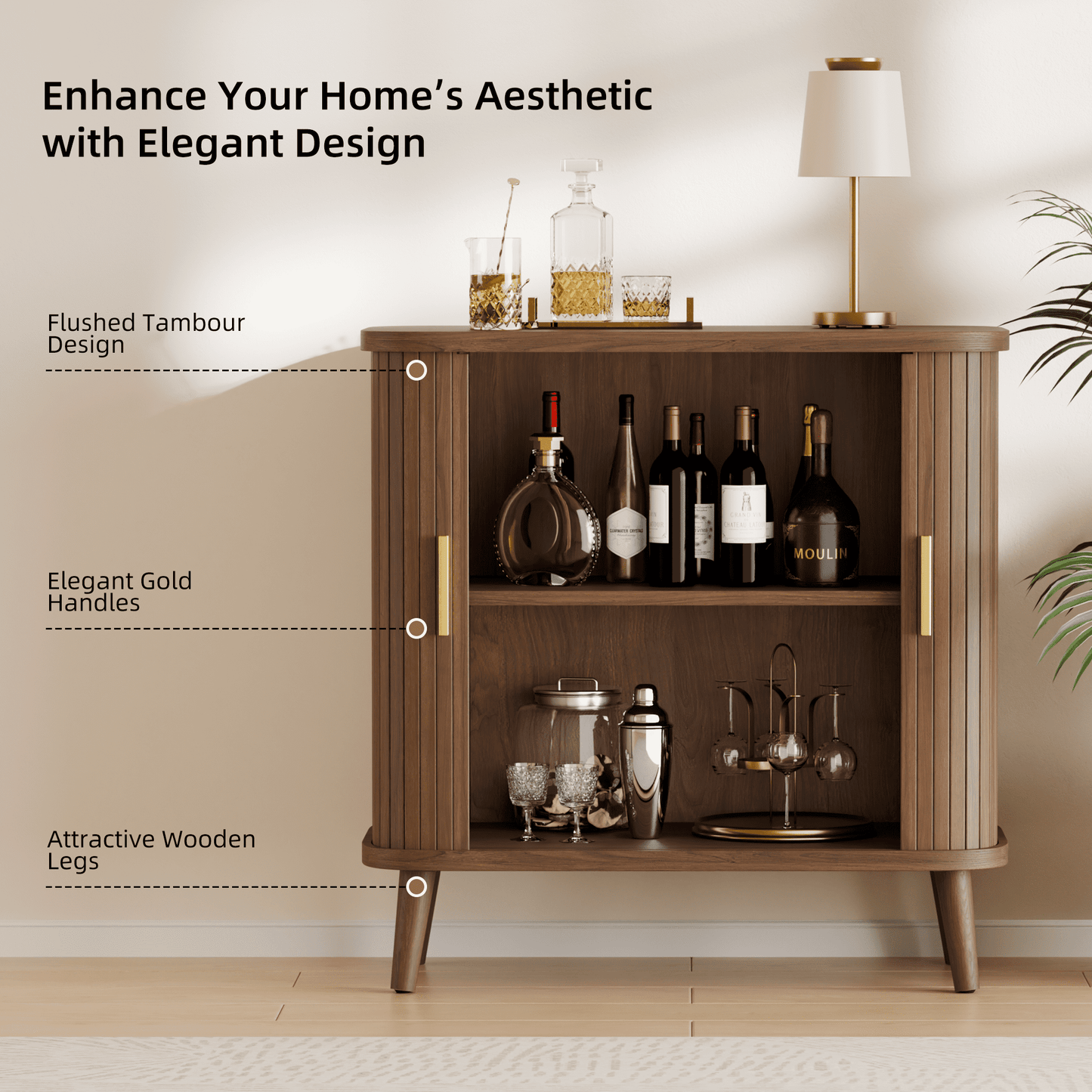 Laintene Sideboard Buffet Cabinet, Storage Cabinet with Sliding Door & Adjustable Shelf, Fluted Accent Coffee Bar for Kitchen, Entryway, Walnut