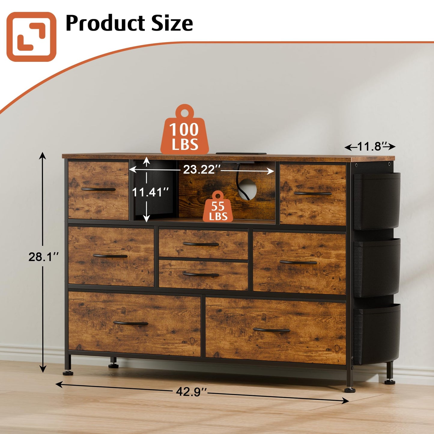 Laintene 8 Drawer Dresser, Dresser with Power Outlets LED Lights, Fabric Dressers for Bedroom TV Stand with Side Pocket, Chest of Drawers for up to 50" TV
