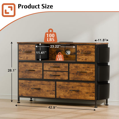Laintene 8 Drawer Dresser, Dresser with Power Outlets LED Lights, Fabric Dressers for Bedroom TV Stand with Side Pocket, Chest of Drawers for up to 50" TV