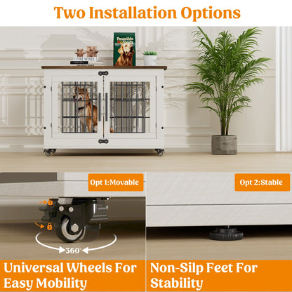 LainTene Dog Crate Furniture, Dog Kennels for Inside with Pads and Wheels, Heavy Duty Pet House for Small Medium Dogs, White