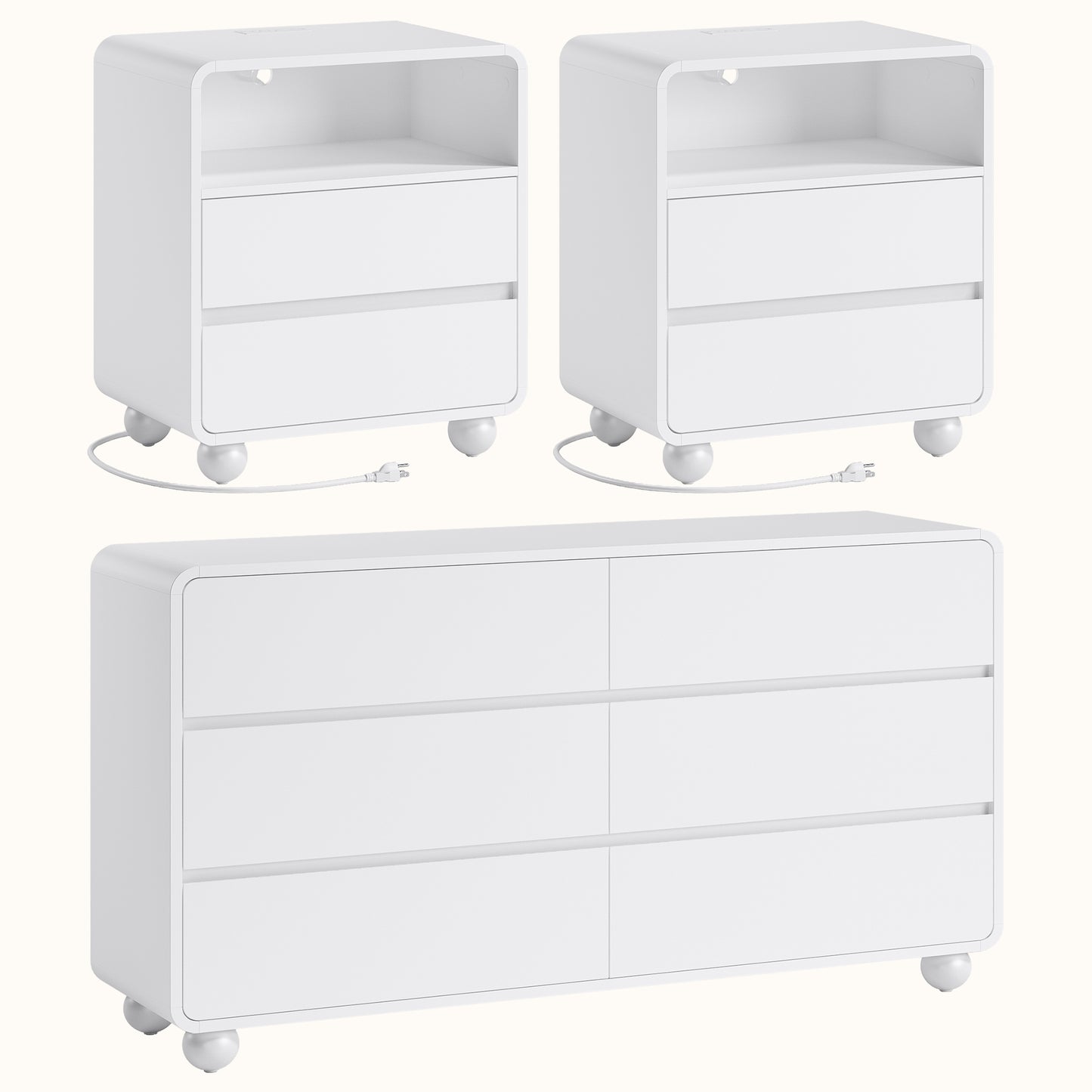 Laintene Bedroom Dresser and Nightstand 3 Piece Set - Includes Curved Double 6 Drawer Storage Dresser, Nightstand Set of 2 with Charging Station, Modern Bedroom Set, White