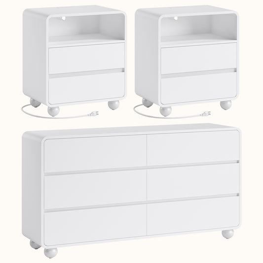 Laintene Bedroom Dresser and Nightstand 3 Piece Set - Includes Curved Double 6 Drawer Storage Dresser, Nightstand Set of 2 with Charging Station, Modern Bedroom Set, White