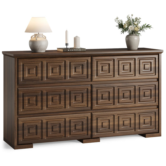 LainTene Farmhouse 6 Drawers Dresser for Bedroom, 54" Wide Wood Chest of Drawers Storage Organizer, Vintage Large Storage Dressers Organizer for Living Room, Walnut