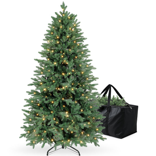 Laintene 6FT Pre-Lit Artificial Christmas Tree – 2085 PE+PVC Mixed Tips, 400 Warm LED Lights & Storage Bag, Hinged Design with Metal Stand, Green